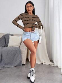 SHEIN Unity Camiseta de manga larga corta con gráficos, blusas para mujer para la primavera - Café integral - Ver 6