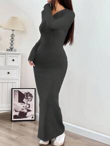 SHEIN EZwear 女士秋冬连帽抽绳修身长袖针织紧身连衣裙 - 深灰色 - 查看 3