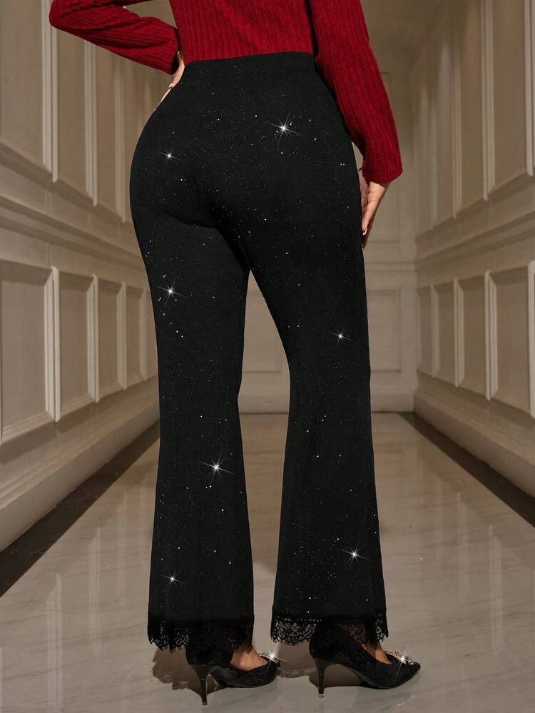 Plus Size Women's Elegant Party Casual Black Sparkly Casual Shiny Pocket Flare Pants, Autumn/Winter,Going Out,2025 New,Simple And Fashionable For Everyday Wear, Plus Size Winter,Comfortable And Breathable,Christmas For Women ,New Year,Thanksgiving For Women,Date Night Women