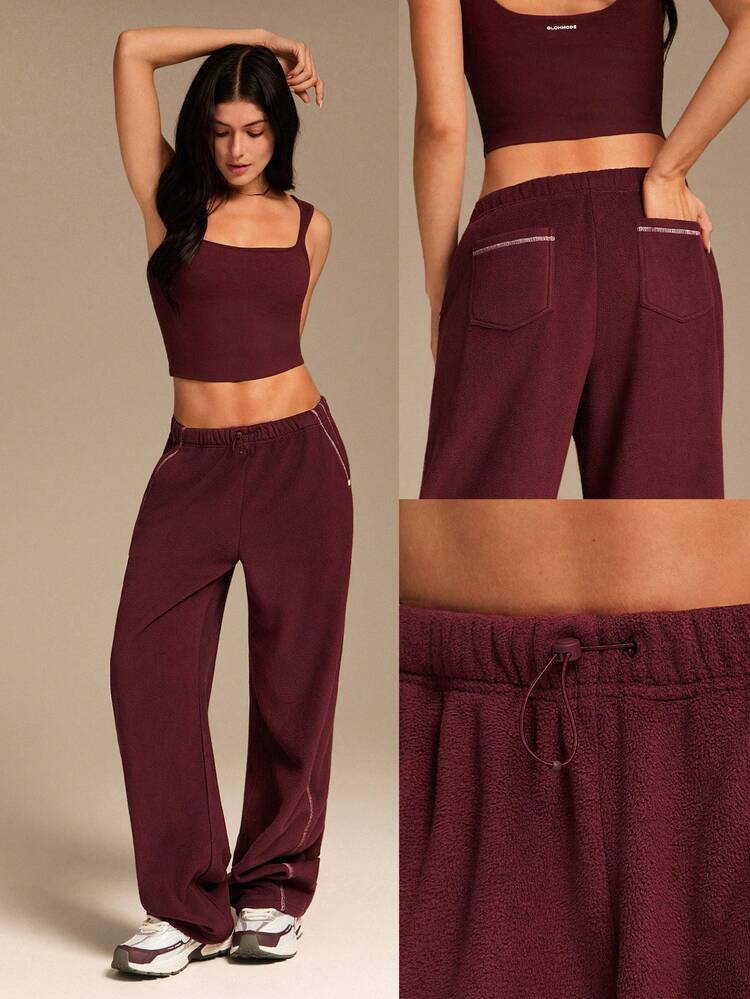 Micro Fleece Cozy Season Soft Warm Contrast Stitching Pockets Adjustable Elastic Waist Slouchy Barrel-Leg Pants Autumn Winter Outdoors Daily Casual Wear