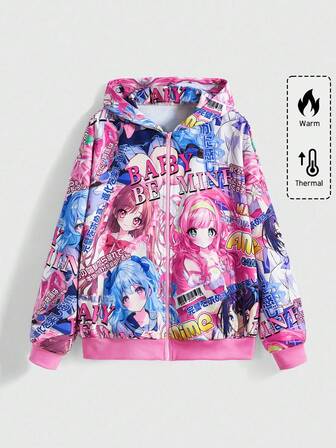 Kawaii Sudadera con capucha con estampado completo de lema de anime japonés