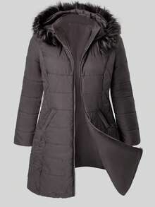 SHEIN Clasi Curvy Plus Size Women's Long Hooded Quilted Padded Coat, Detachable Warm Fur Collar Zipper Coat With Pockets, Plain Grey, Winter, Casual, Hiking, 2025 New - Olive Green - View 11