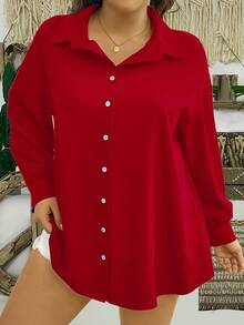 EMERY ROSE Áo sơ mi dài tay trơn màu thường ngày cỡ lớn dành cho nữ - Đỏ - Xem 5