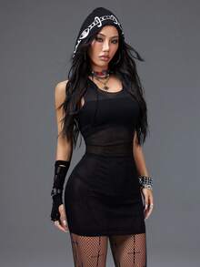Bloopia 复古美式街头时尚摇滚叛逆 EMO 朋克甜美酷炫性感休闲百搭女式秋冬万圣节设计神秘塔罗占星印花前卫性感镂空透视针织连帽罩衫连衣裙 - 黑色 - 查看 5