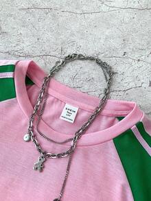 SHEIN Oversized T-Shirt With Contrast Color Ribbon Sleeves For Teen Girls, Casual, Street Style, College - Multicolor - View 3