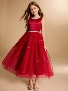 圣诞派对高端儿童公主裙，小主持人演出服，新款高端女童礼服 - 紅色 - 查看 7