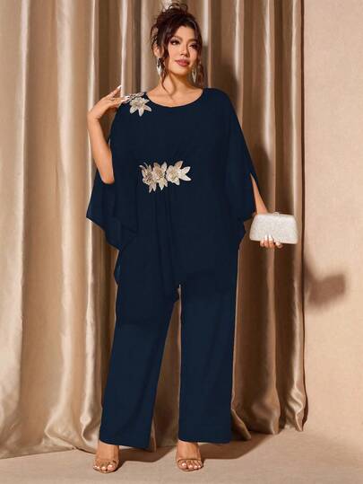 Cravure Plus Size Women 2 Piece Set - Irregular Hem Floral Trim Blouse And Loose Pants, Elegant Solid Color Lady Elegant Outfit For Party