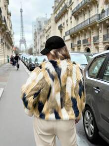 SHEIN Clasi Plus Size Women's Color Block Fluffy Collar Jacket, Minimalist & Fashionable For Commuting