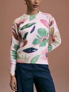 Shutterstock Glamance Maglione a maniche lunghe con grafica floreale in maglia, colore tinta unita casual, adatto per esterno, ufficio, business, pendolarismo, viaggio, aeroporto, strada, lavoro, maglione autunno/inverno da donna, maglione da donna con stampa floreale, maglione primaverile a maniche lunghe da donna, maglione con stampa floreale, outfit floreali da donna, outfit da resort per donna - Albicocca - Visualizzare 2