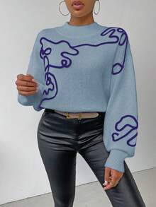 EMERY ROSE Women's Contrast Color Applique Stand Collar Casual Pullover Sweater - Blue - View 4