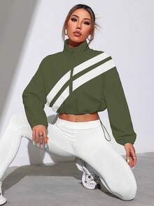 Gameset SHEIN Sport Chaqueta deportiva con cremallera completa, bloqueo de color y dobladillo con cordón, primavera/otoño - Verde militar - Ver 3