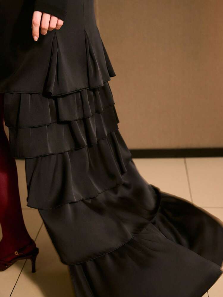 FASHIONABLE BOAT NECK LONG SLEEVE PATCHWORK SATIN HIGH-LOW LAYERED RUFFLE HEM DRESS