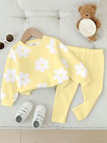 SHEIN Happikins Baby Girl Casual Knit Soft Thick Round Neck Long Sleeve Sweatshirt And Leggings Set, Classic Cute Floral Print, Suitable For Autumn/Winter - Multicolor - View 3