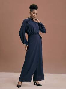 JIAN LASALA Mock Neck Button-Up Elastic Waist Lantern Sleeves Wrap Tie Chiffon Jumpsuit Women Casual Wear Elegant Jumpsuits Navy Blue Jumpsuit Modest Jumpsuit Jumpsuits For Woman Wide Leg Dress Modest Long Sleeve Long Dress Navy Blue Jumpsuit Women Formal Jumpsuit - Navy Blue - View 4