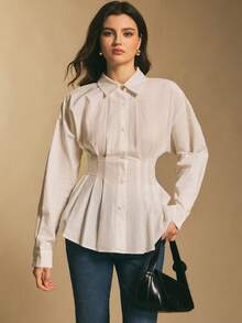 Poéselle ملابس علوية أبيض نسائي من خليط القطن بأكمام طويلة وخصر مشدود وتنورة قصيرة، ملابس علوية نسائي أنيق بأسلوب هادئ ورفيع للمكتب، ملابس علوية نسائي أحادي اللون بأكمام طويلة وياقة واحدة وخصر مطوي وذيل - أبيض - مشاهدة 6