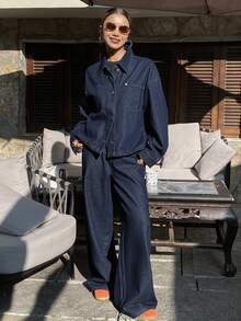 DAZY 女士休闲纽扣牛仔套装 - 藍色 - 查看 3
