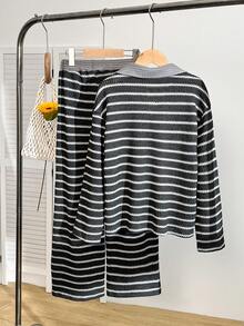 Tween Girls Casual Striped T-Shirt And Pants Set, Autumn - Grey - View 2