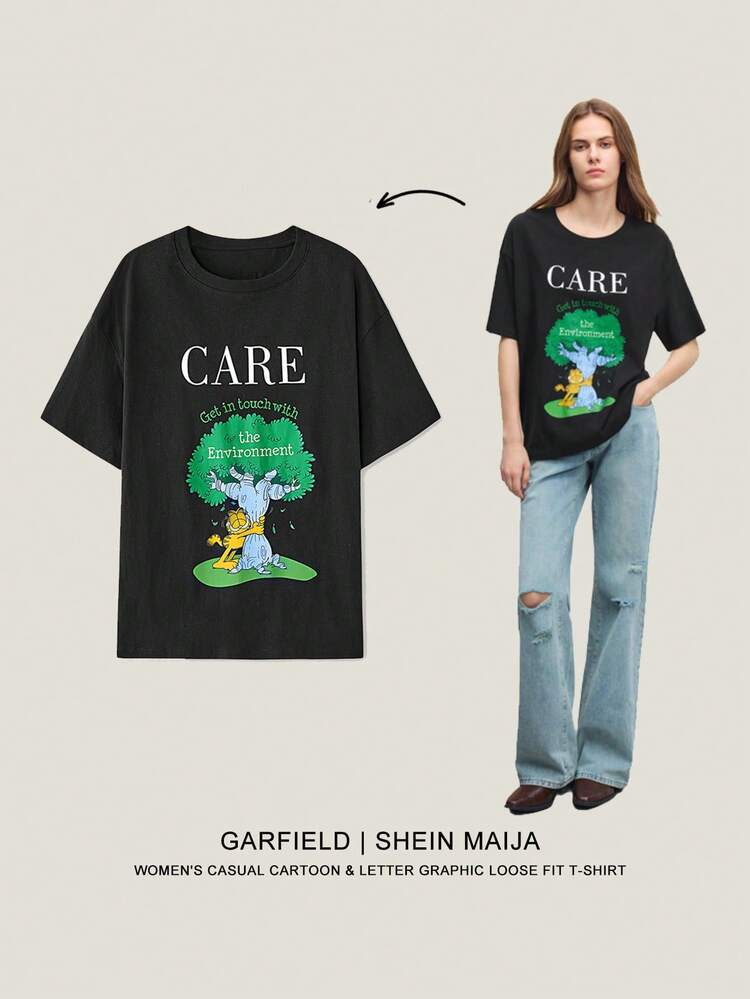 SHEIN Maija Women's Casual Everyday Funny Cartoon & Letter Graphic Loose Fit T-Shirt