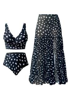 Swim Oasis Bộ 3 váy ngủ hở ngực họa tiết chấm bi đen trắng gợi cảm dành cho nữ, trang phục thường ngày đi nghỉ, xuân/hè - Đen và trắng - Xem 1