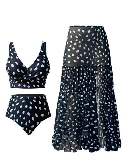 Swim Oasis Bộ 3 váy ngủ hở ngực họa tiết chấm bi đen trắng gợi cảm dành cho nữ, trang phục thường ngày đi nghỉ, xuân/hè