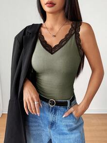 Rafferiza 欧美风休闲拼接罗纹加厚内衬女式上衣，秋冬款 - 軍綠色 - 查看 3