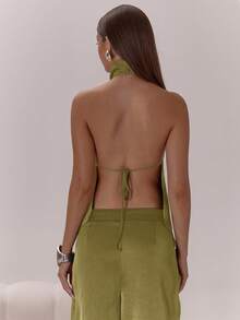 MUSERA Top con cuello alto, drapeado de satén, espalda abierta con lazo, elegante y sexy para ocasiones nocturnas, vacaciones, otoño, capas, invierno, fiesta, primavera, verano - Verde Oliva - Ver 2