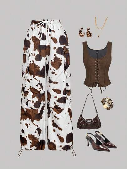 SHEIN MOD Women's Contrast Color Animal Print Cargo Pants,Brown&White ,Fall/Winter,New Year ,New Year Look,Preppy,Western, Leopard ,Boho, Cow Print Pants, Cowgirl Pants, Leopard Print Pants, Cheetah Pants