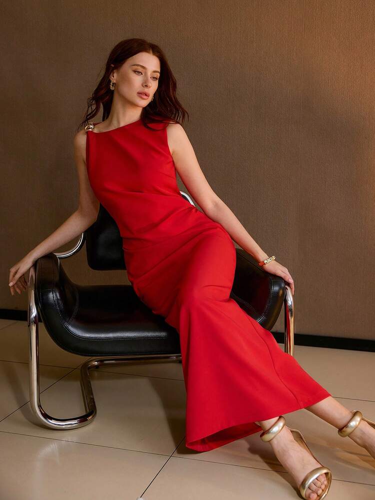 METAL ASYMMETRICAL SHOULDER SPLIT HEM RUCHED SLIM FIT DRESS