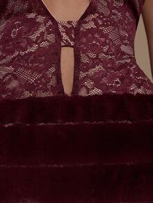 SHEIN BAE Robe mini élégante et sexy pour femmes avec patchwork en dentelle et dos nu - Rouge foncé - Voir 7