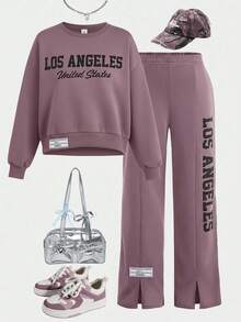 2pcs/Set Tween Girls' Casual Letter Print Loose Fit Crew Neck Long Sleeve Sweatshirt And Sweatpants Set