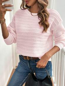 SHEIN LUNE Women's Solid Color Minimalist Bow Decor Long Sleeve Pullover Sweater - Pink - View 3