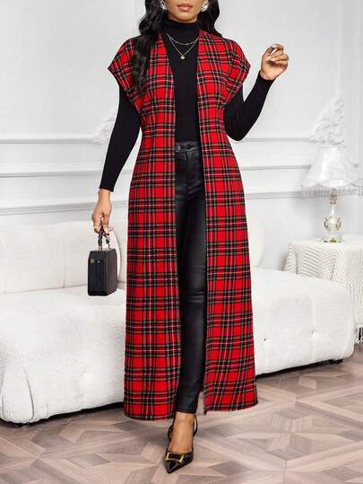 SHEIN Lady Jaqueta feminina casual sem mangas com estampa xadrez.