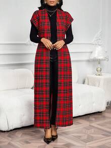 SHEIN Lady Women's Fashion Casual Plaid Print Sleeveless Regular Jacket
