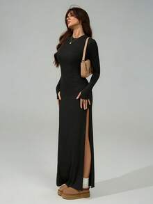 SHEIN Tall Váy dài tay xẻ tà, phù hợp cho mùa thu/đông - màu đen - Xem 1