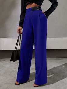 SHEIN Tall Quần ống đứng chi tiết thắt lưng giả da nửa thanh lịch - Xanh đậm - Xem 6