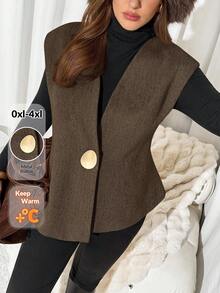 Auralis Plus Size Solid Color Minimalist Sleeveless Vest/Winter Office Old Money - Khaki - View 1