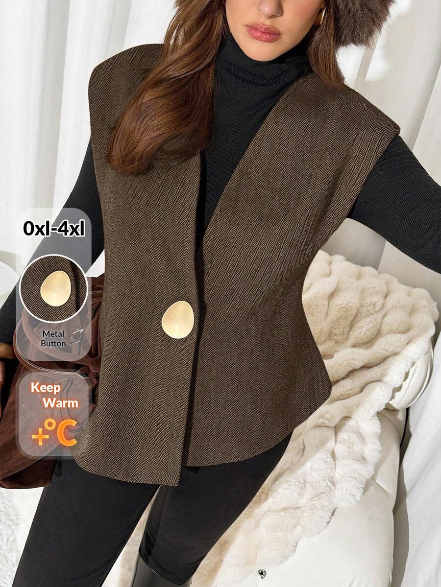 Auralis Plus Size Solid Color Minimalist Sleeveless Vest/Winter Office Old Money - Khaki - View 1