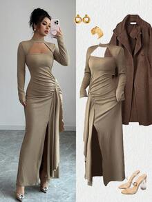 Elenzga Women's Elegant Fashion Commuter Hollow Front Flared Hem Dress, Ruffled Texture Knit Maxi Dress Suitable For Afternoon Tea, Date, Thanksgiving, Back To School Occasion Fall Cloth For Women - Khaki - View 1