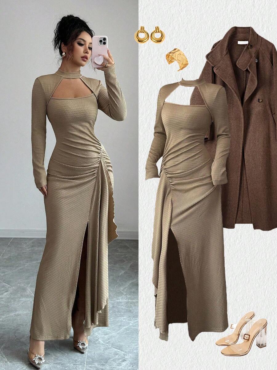 Elenzga Women's Elegant Fashion Commuter Hollow Front Flared Hem Dress, Ruffled Texture Knit Maxi Dress Suitable For Afternoon Tea, Date, Thanksgiving, Back To School Occasion Fall Cloth For Women - Khaki - View 1