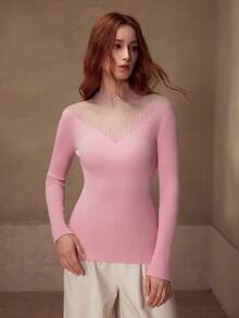 MOTF PREMIUM PINK ORGANZA PATCHWORK LONG SLEEVE FITTED PULLOVER SWEATER - Pink - View 4