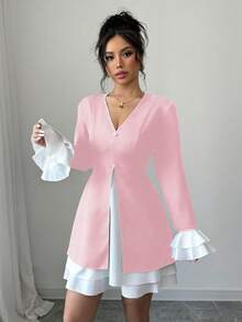 Elenzga Abito mini elegante e alla moda con scollo a V e maniche a campana a contrasto di colore per donna - Rosa - Visualizzare 3