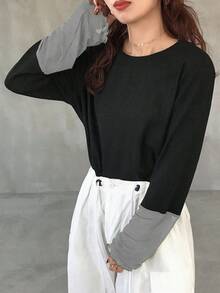 FRIFUL 女士圆领插肩拼接撞色薄纱长袖宽松休闲套头卫衣，适合秋季穿着 - 灰色 - 查看 3