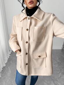 SHEIN CURVE+ Áo khoác nhiều túi trơn màu thường ngày dành cho nữ - Màu be - Xem 6