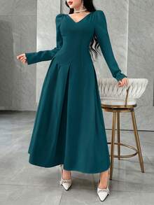 Feyla 女式纯色简约 V 领长袖中长连衣裙，休闲日常穿着 - 水鴨藍 - 查看 5