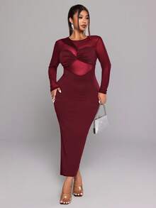 NU&NOW Plus Size Women's Long-Sleeved Round Neck Mesh Panel Fitted Sexy New Year Party Dress - Red - View 6