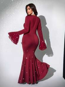 Viva Relle 大码女式优雅复古浪漫纯色圆领长袖连衣裙，适合派对、秋冬季、深红色连衣裙、酒红色连衣裙、勃艮第红连衣裙、惊艳女神连衣裙、红酒色连衣裙、派对圣诞红 - 酒紅色 - 查看 1