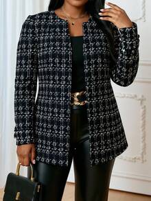 SHEIN CURVE+ 大码格子休闲外套，适合通勤和秋季穿着 - 黑色 - 查看 6