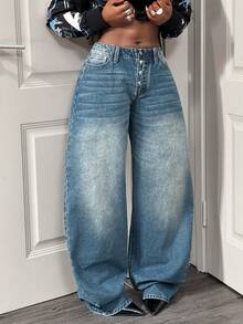 BamGleam Women's Low Waist Fashionable Loose Casual Street Wear Jeans - Dark Wash - View 5