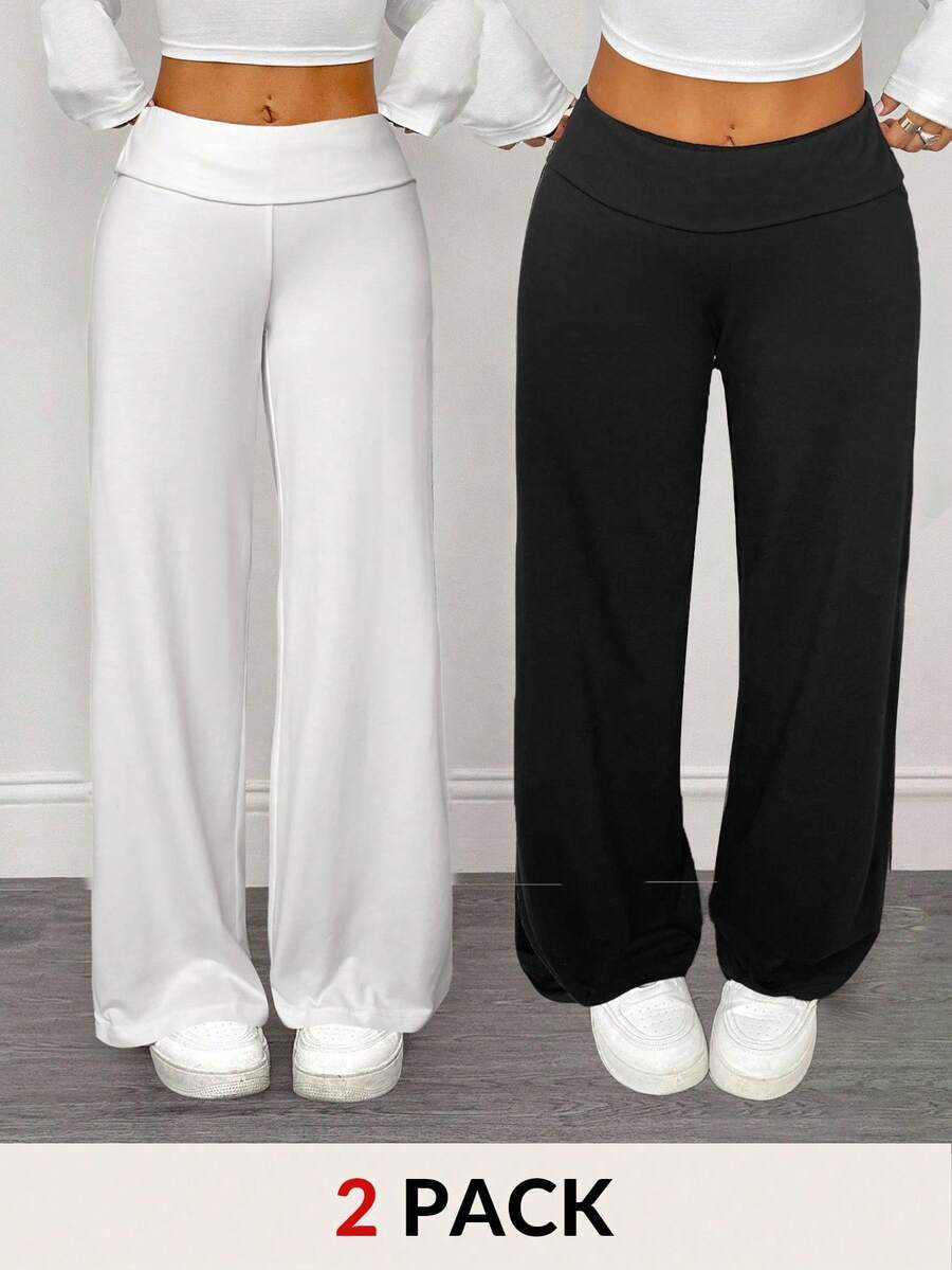 SHEIN PETITE 2条装女士休闲高腰翻边阔腿直筒裤，适合夏季穿着 - 黑與白 - 查看 1