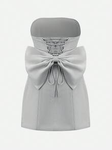 SHEIN Unity Women's Metallic Pleated Bust Mini Dress With Bowknot Back, Suitable For Party In Autumn/Winter - Silver - View 9